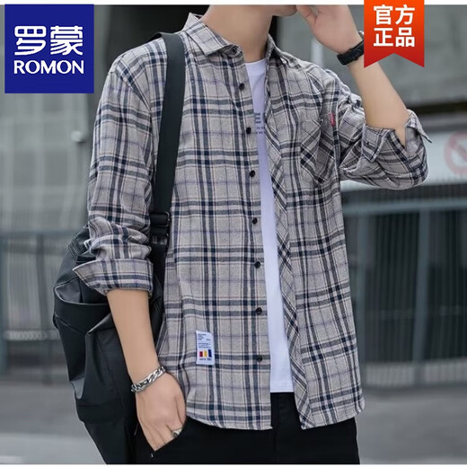 罗蒙（ROMON）格子休闲衬衫男士春秋季长袖衬衣韩式上衣服复古宽松夏季薄款外套 K12111紫灰色 M 90-110斤