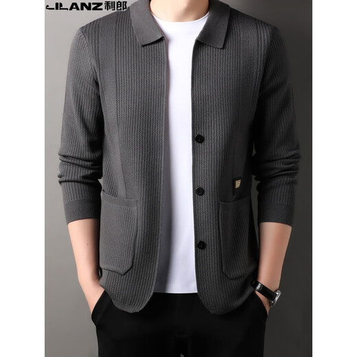 Lilang men's wool knitted cardigan for middle-aged and young autumn and winter fashion casual men's lapel cardigan jacket trendy black [8625] M 165 [120Jin [Jin equals 0.5 kg] below]