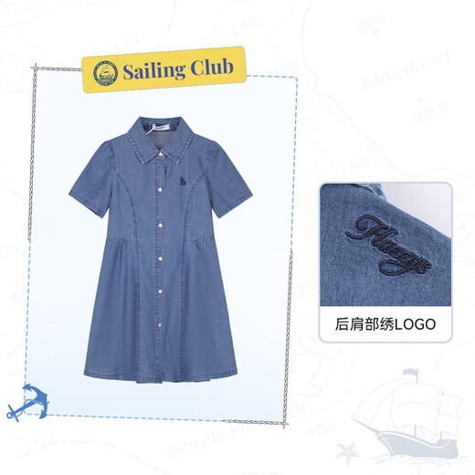 HAZZYS brand children's clothing girls' dress 2025 summer new style thin, comfortable, soft, classic pointed collar simple half-sleeved skirt blue denim 160