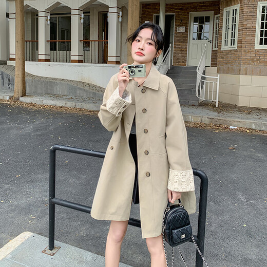 皮尔卡丹卡其色设计感蕾丝拼接风衣外套女2025春季韩系宽松显瘦中长款大衣 卡其色 常规 L （ 121-135斤）