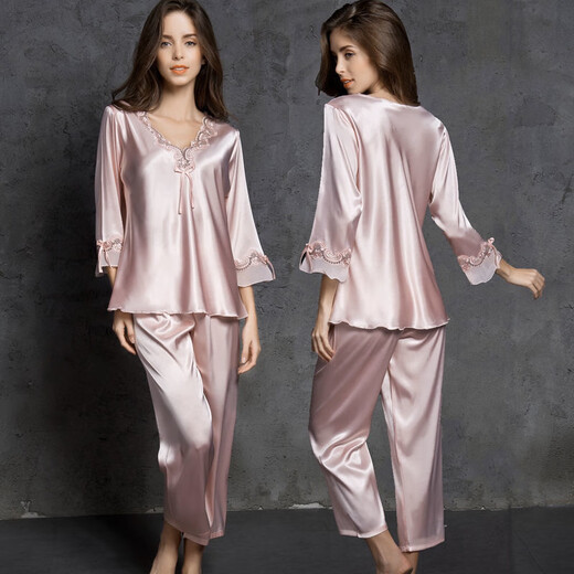 Mu Fengqing Ice Seiden Nachthemd Frauen Zwei-teilige Spitze V-Ausschnitt sexy Frühlings- und Sommer-Langarm-Hosse-Hossed-Simulations-Simulierten-Pyjamas für Frauen mit langärztem 9856 hellrosa Set M [80-100jin [Jin gleich 0,5 kg]]]