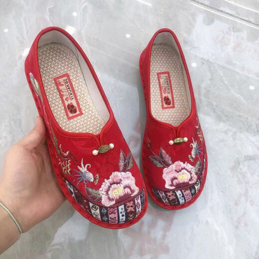Hkns Spring Single Shoes Broidered Chaussures chinois style vieille chaussures en tissu beijing légèrement leap mois de mère chaussures plates d'âge moyen et de personnes âgées x123 rouge 37