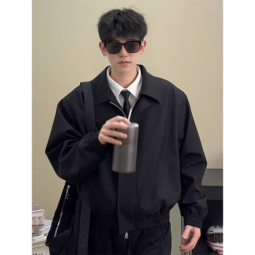 POUM short jacket for men in spring, autumn and winter, American retro trendy loose executive shoulder pad blazer jacket JFFS-847 black 2XL (size is too small, it is recommended to choose one size larger)