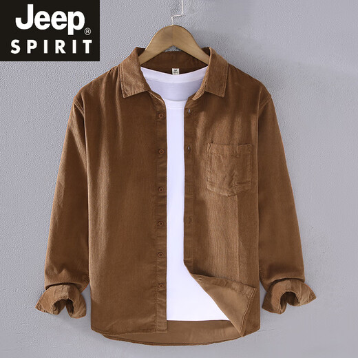 JEEP SPIRIT春夏灯芯绒衬衫男长袖纯棉宽松薄款日系条绒高级感白休闲衬衣外套 姜黄色【9716】 3XL
