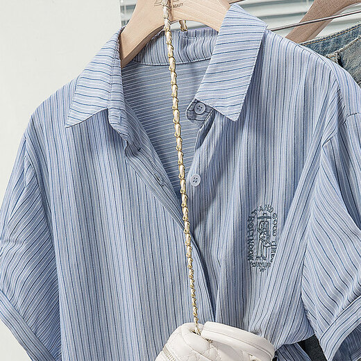 
Cypress Striped Shirt 2025 Summer New Women's Embroidered Lapel Single Bretted Short Sleeve Loose Shirt