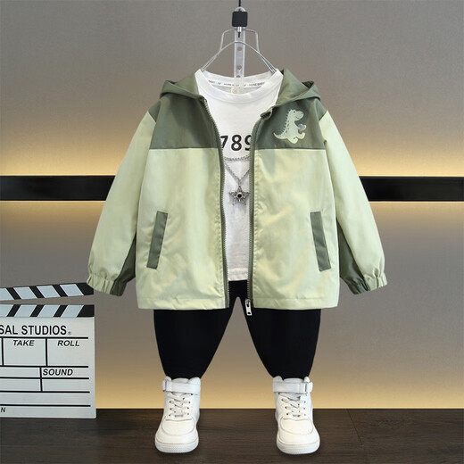 New boys' spring coats, girls' Korean style fashionable and cute bear all-print hooded windbreaker long-sleeved tops, tiptoe dragon coat military green 110