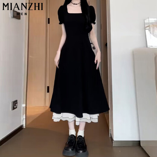 棉致赫本风黑色法式短袖连衣裙女夏季新款显瘦广州十三行温柔风长裙 黑色长款【1595高品质29.5】 M 90-100斤