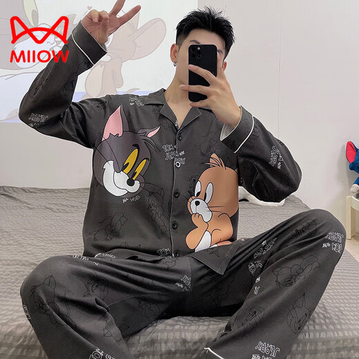 Cat Man (MiiOW) Pure Cotton Men's Pajamas Spring and Autumn Teenagers Cartoon Student Cardigan Large Size Men's Long Sleeve Trousers Home Clothing 9905 (Long Sleeve Cardigan) M