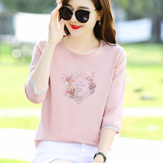 GIOIO pure cotton 70-quarter sleeve T-shirt for women loose temperament age-reducing pink mid-sleeved T-shirt spring and autumn summer clothing 2025 new top W6196 light purple mid-sleeved 2XL (recommended 135-150Jin [Jin equals 0.5 kg])