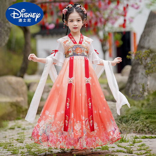 迪士尼女童汉服夏装中国风2025新款儿童超仙古装夏季襦裙古风唐装裙子夏 MS-9856【长袖红澄 【订阅有发夹 110