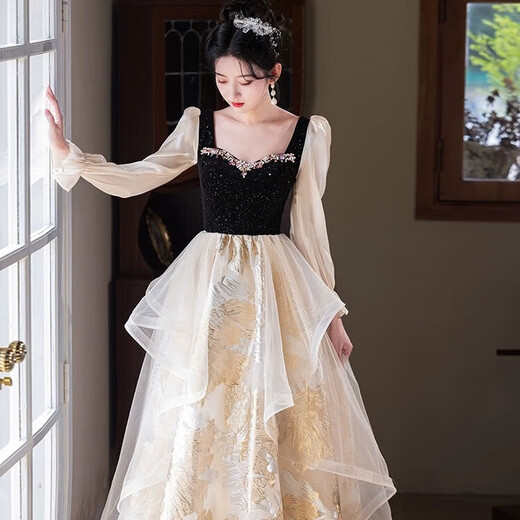 Li Baixin French Annual Party Evening Dress for Women 2025 New High-end Temperament Long-sleeved Princess Vocal Art Exam Dress Black 3XL Recommended 130-135 Jin Jin equals 0.5 kg