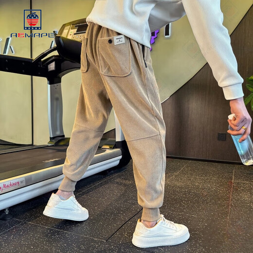 AEMAPE休闲裤男卡其色灯芯绒裤子男款束脚运动休闲裤痞帅刺绣锥形小脚裤 卡其色 M
