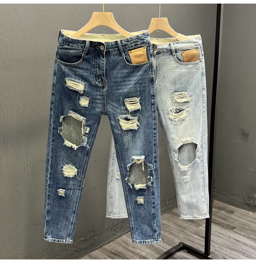 NANBOWAN SUMBRE Large Jeans Ripped Brand Men's Trendy Brand Pantalon Nine Point Version à la mode mince Pantalon Stretch Foot 9737 Bleu 28