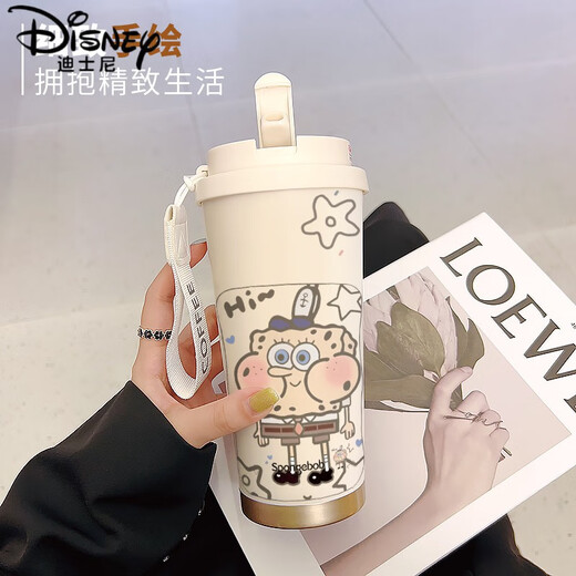 迪士尼（Disney）海绵宝宝大容量保温杯儿童吸管学生卡通水杯子女高颜值咖啡杯 古董白-CKY695海绵宝宝 陶瓷内胆