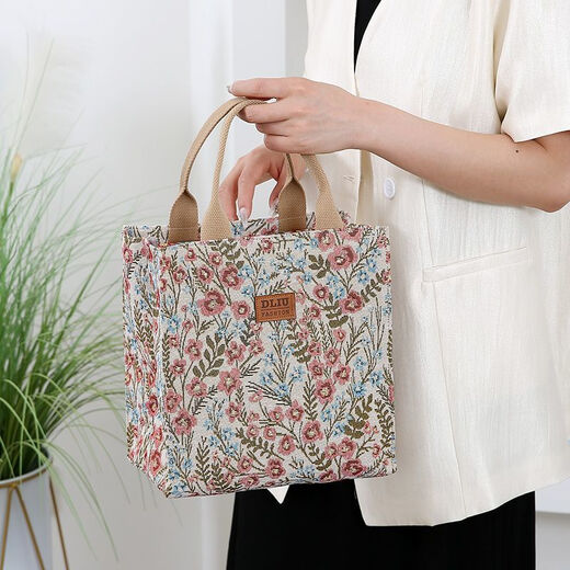 途尊上班新款带饭盒袋子加厚外出午餐手提包帆布妈咪便携小拎包高颜值 米白色花朵 升级款式背面有拉链口袋