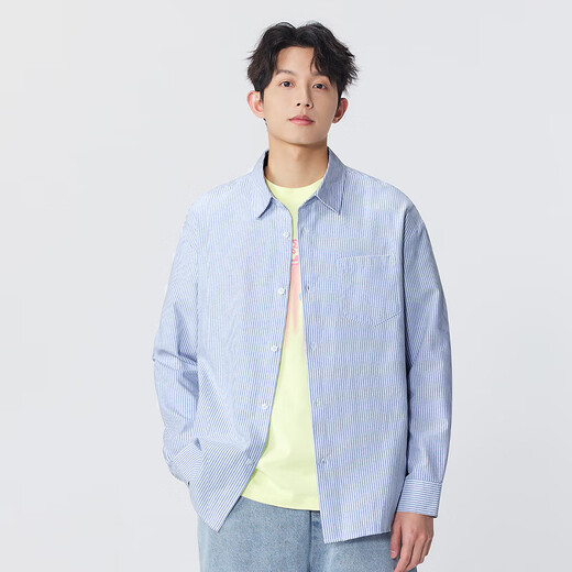MINISO Oxford Spun Striped Long-Sleeved Shirt for Men 2026 Spring with Cuban Collar Jacket Trendy Brand Loose Boyish Shirt Oxford Spun Long-Sleeved Striped Gray and White Strips 2XL /185 (Weight 160-180Jin Jin is equal to 0.5 kg)