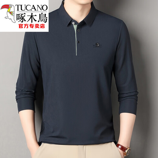 啄木鸟（TUCANO）长袖t恤男士纯色春秋薄款中年纯棉翻领体恤上衣打底polo 衫新品 6625藏青 XL 175建议135-150斤