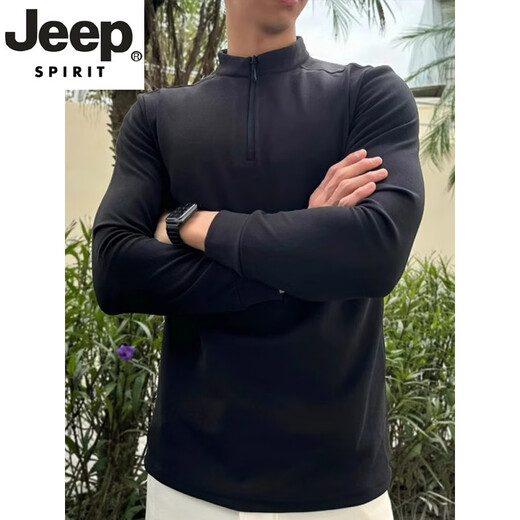 JEEP SPIRIT Men's German Velvet Bottoming Shirt Slim Fit Half-Zip Mid-High Collar T-Shirt Long Sleeve Black Inner Sports Sweatshirt New Product Black M (Suitable) 100-115Jin Jin is equal to 0.5 kg