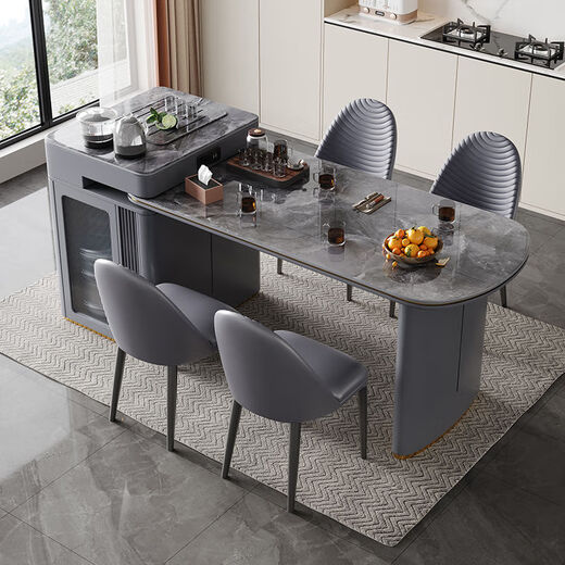Wencong island table retractable guide table slate tea table integrated small apartment can be used at home modern simple multi-functional tea table dining table + island table + 4 chairs + slate tea tray electric stove total length 1.6-1.9 meters slide rail socket type