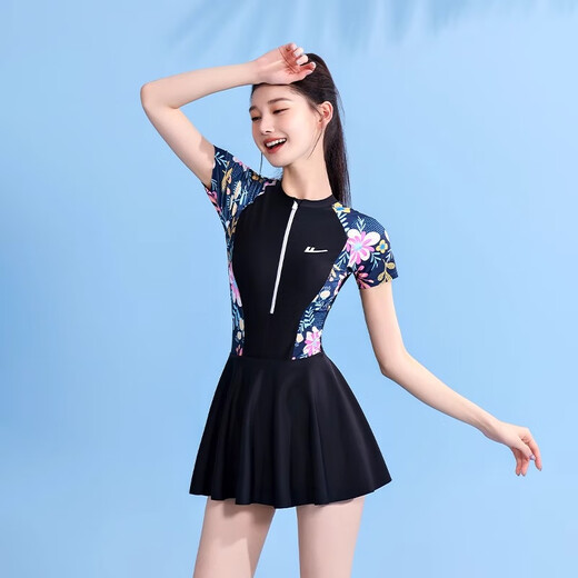 
Huili one-piece swimsuit women's conservative hot spring short-sleeved swimsuit women's swimming pool sportswear 14107H black [independent underwear] L (recommended weight 95-110Jin [Jin equals 0.5 kg])