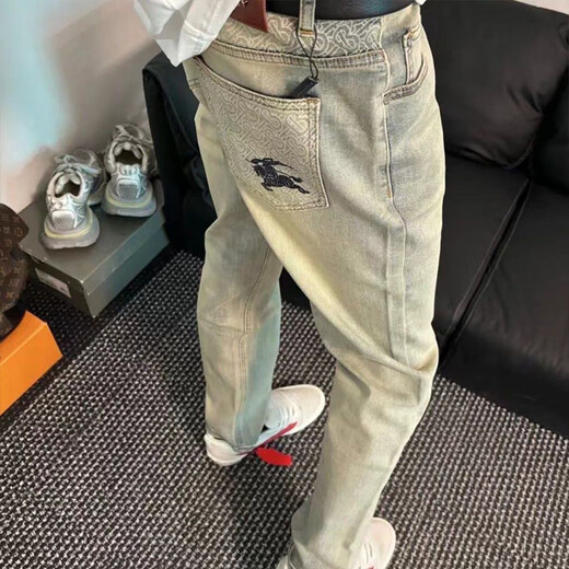 Luyaer yellow mud war horse printed pants men's spring and summer casual versatile jeans American hiphop trendy brand straight trousers Yellow mud XL [Suggested 120-140Jin [Jin equals 0.5 kg]]