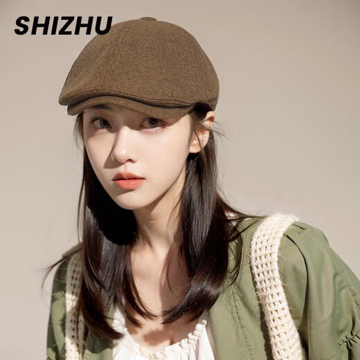 Shizhu Hat Women's Autumn and Winter Beret 2025 New Face Revealing Small Reverse Wearing Forward Hat Duck Tongue Retro Hat Newsboy Hat Brown Double-layered Brim High Quality