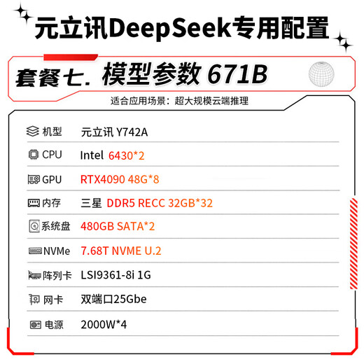 元立讯DeepSeek模型工作站主机 服务器 本地部署 人工智能AI模型训练塔式电脑渲染建模图 套餐7丨671B DeepSeek推理工作站