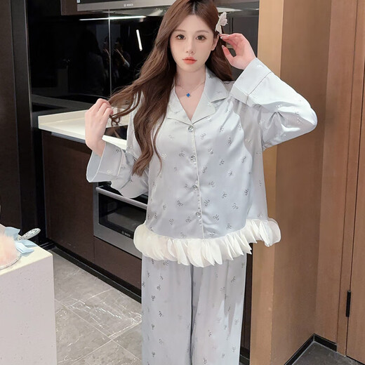 依曼安2025花瓣睡衣女冰丝胸垫新款吊带开衫四件套家居服套装春秋可外穿 1278 蓝色 【四件套】 M （80-100）斤
