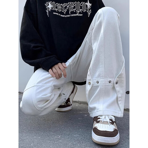 
POUM men's joint jeans men's 2025 new American high street loose casual straight-tight fashion brand handsome student pants WKXS-K691 white S