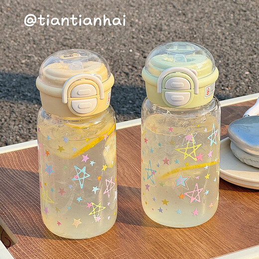 Juyoujia cup for women with good looks in summer plastic straw cup cartoon star water cup for children and students portable double drinking cup white pink sweet cool star transparent straw cup 500ml