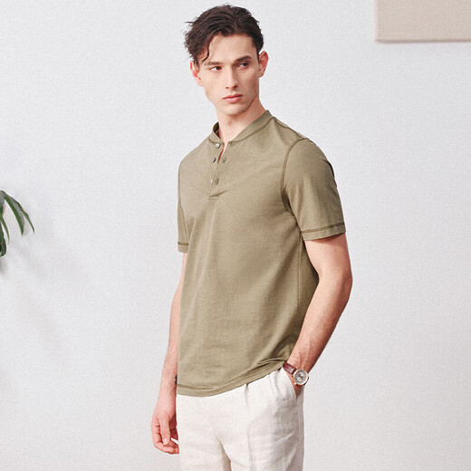 By Creations [Cool Cotton and Line] Cypress Henry Collar Business POLO Shirt Men's Summer Breathable Commuter Casual Short Sleeve T Deep Khaki XL
