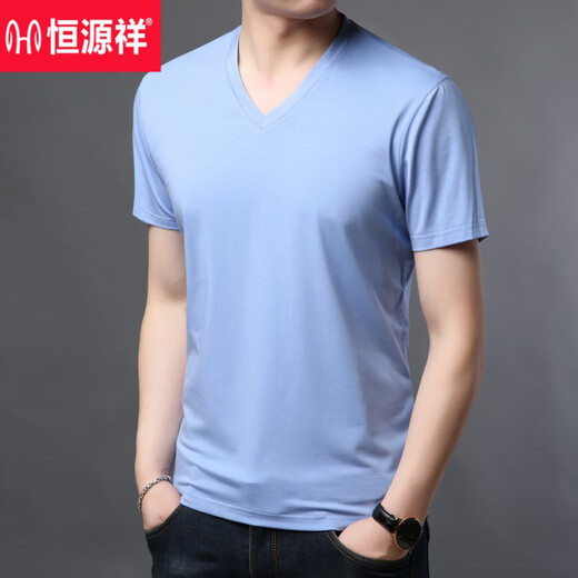 恒源祥男士短袖t恤纯色V领冰丝薄款中青年休闲棉体恤衫上衣夏季新款打底 9902驼色 L 175