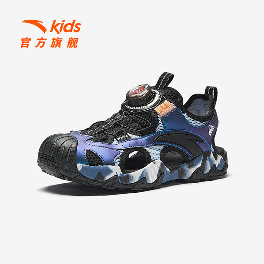ANTA Children's Sandals Men's and Large Children's Shoes 2026 Summer New Knob Buckle Outdoor Baotou Comfortable Anti-Slip Soft Beach Shoes Dusty Blue/Black-1 35
