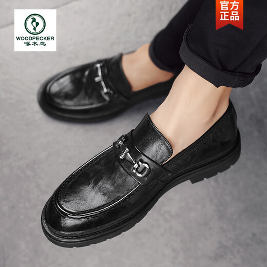 Woodpecker Men's Shoes 2025 New Spring and Autumn British Style Loafers Business Casual Genuine Leather Slip-On Leather Shoes Men's Peas Shoes Black 40 (250mm)