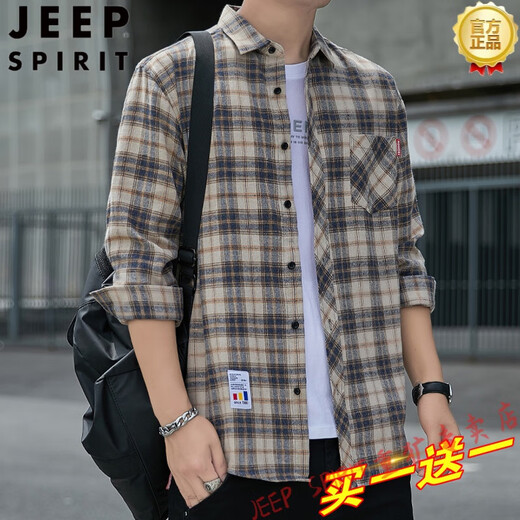 JEEP SPIRIT格子休闲衬衫男士春秋季长袖衬衣韩式上衣服复古宽松夏季常规款外 K12111黄蓝色 M 90-110斤