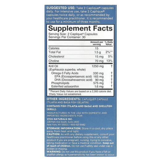 Viva Naturals Antarctic Nutrition Krill Huile contient Astaxanthin 60 Capsules Amélioration Capsules Caplique Care pour les personnes âgées cardiovasculaires 13549