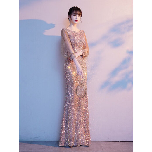 Zhufan high-end annual meeting female host dress evening girl 2025 new sequined temperament light luxury niche fishtail toast dress khaki M
