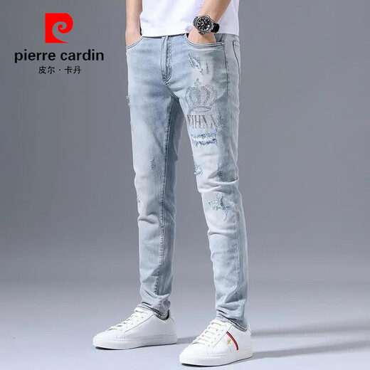 皮尔卡丹（pierre cardin）春秋季弹力牛仔裤男士破洞刺绣2025潮流修身小脚浅色百搭长裤子 浅蓝色3890皇冠破洞裤 30 【建议110-125斤】