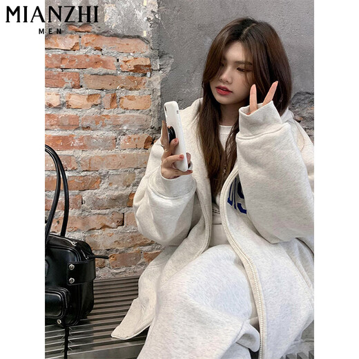 Cotton heavy hooded sweatshirt for women in spring, autumn and winter new American loose Korean style plus velvet Shandong Jimo cardigan jacket 844 white and gray [regular high quality 31.5] L 100-115 Jin [Jin equals 0.5 kg]