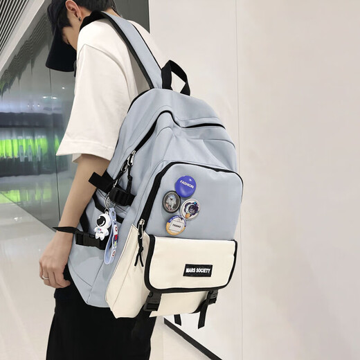 Langfei Backpack Men's Backpack Junior High School High School College Student Large Capacity School Bag Women's Travel Business Laptop Bag Blue Large + Pendant + Random Badge