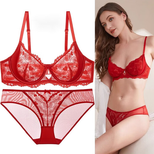 Victoria Palace Sexy Bra Set Lace Push-Up Ultra-Thin Underwear Side Cushion Anti-Sagging Bra Set Zodiac Year Underwear Red 85C 38 (default with XL size underwear)