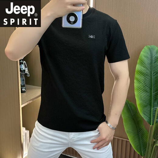JEEP SPIRIT Jeep Designer Summer Ice Silk Texture Embroidered Round Neck Men's Short Sleeve Fashion Half Sleeve Versatile Comfortable 1105 Black 2XL 135-150Jin [Jin equals 0.5 kg]