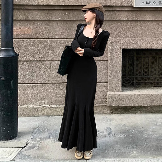妙奕嘉法式连衣裙女裙子女士春秋季2025年新款纯欲夏季高级感长裙小个子 纯黑半系扣鱼尾修身连衣裙 S