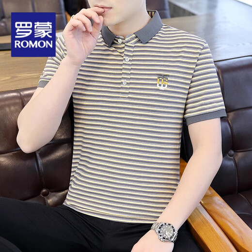 Romon High-End-Hemd-Hemdkragen kurzärmelig T-Shirt Summer Striped Polo Shirt Herreneis Seiden halbärmelig trendy T-Shirt 6626 Gray XL 120Jin [Jin gleich 0,5 kg] ungefähr