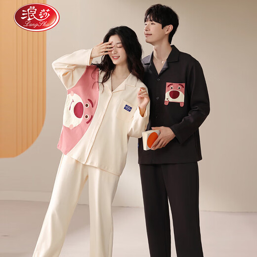 LangSha Couple Pajamas Women's Spring and Autumn Pure Cotton Long-Sleeved Cardigan Can Be Weared Out Autumn Cute Cartoon Home Clothing Men's Suit 8026 Couple M Female + XL Male