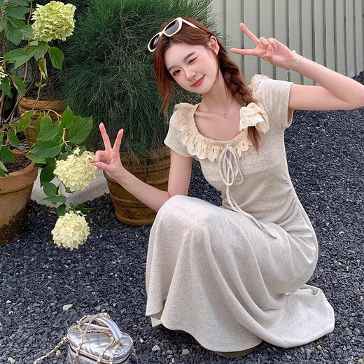 GOCHIEI summer niche design lady style lace splicing lace versatile waist short sleeve square collar temperament mid-length skirt lace-up mid-length skirt M recommended 90-105 Jin Jin equals 0.5 kg