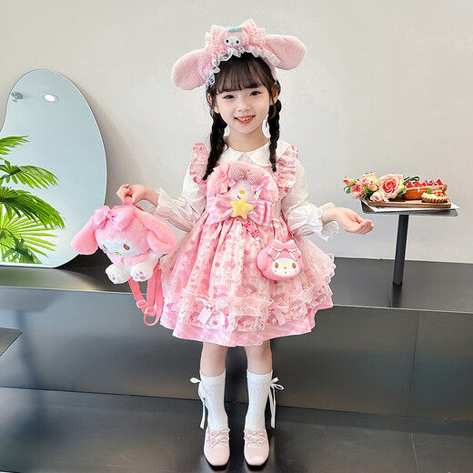 Daniaowang Girls Melody Lolita Princess Dress Spring and Autumn New Long Sleeve Dress Pink Birthday Dress Puff Skirt Velvet Dress + Headwear 130 Sizes