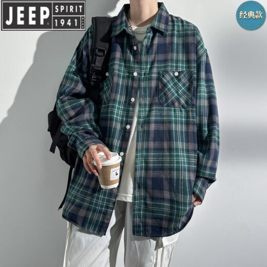 
JEEP SPIRIT Loose and Handsome Long Sleeve Shirt Plaid 2025 Spring and Autumn Men's Student Casual Jacket Retro American Work Shirt K12109 Blue XL
