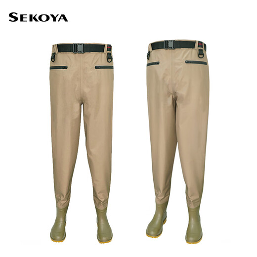 SEKOYA Waist Wading Pants Luya Equipment Fishing Suit Stream Fishing One-piece Waterproof Rain Pants Catch the Sea Wear-Resistant Half-body Wading Pants 5006J Khaki L Shoe Size 42
