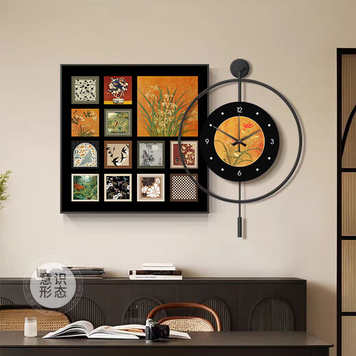 Middle style Bailian Restaurant Decorative Painting LED Lights with Clocks and Watches Mural Retro Dinner Table Background Wall Painting K12806+PB57 e50*50cm Painting +50*50cm Wall Clock with Pendulum [